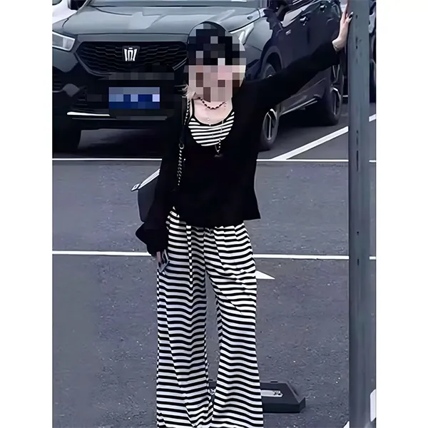 大码慵懒风条纹三件套1826