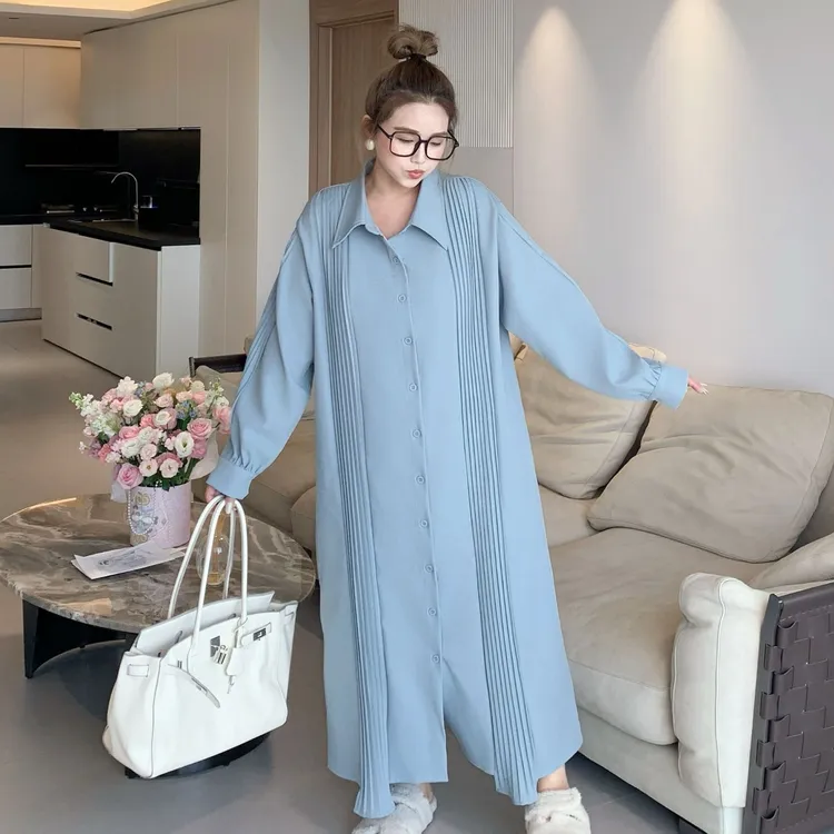 媛子大码设计款压褶衬衫裙港风小众高级感秋季新款宽松显瘦长裙