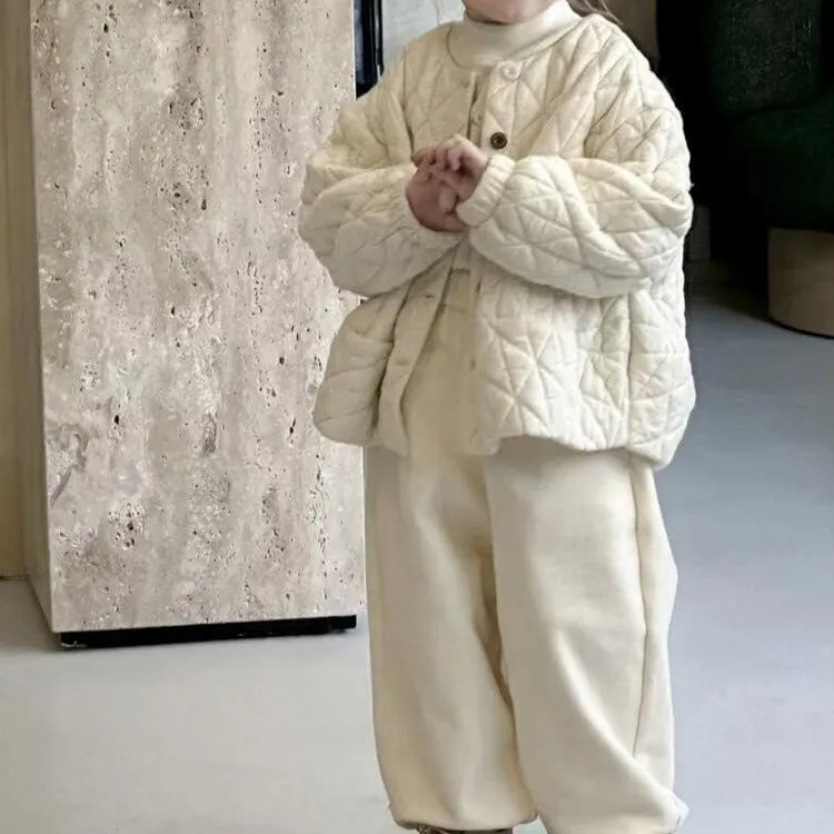 女童冬季新款棉袄休闲风女孩圆领常规款韩版棉服菱形格小香风上衣