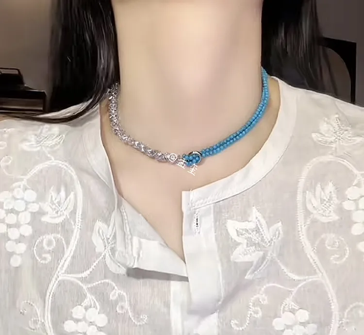 铜合金锆石项链 云水蓝纹理撞色项链女时尚小众设计感