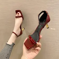 细跟中跟露趾凉鞋夏季法式包跟性感气质脚环带高跟鞋05193