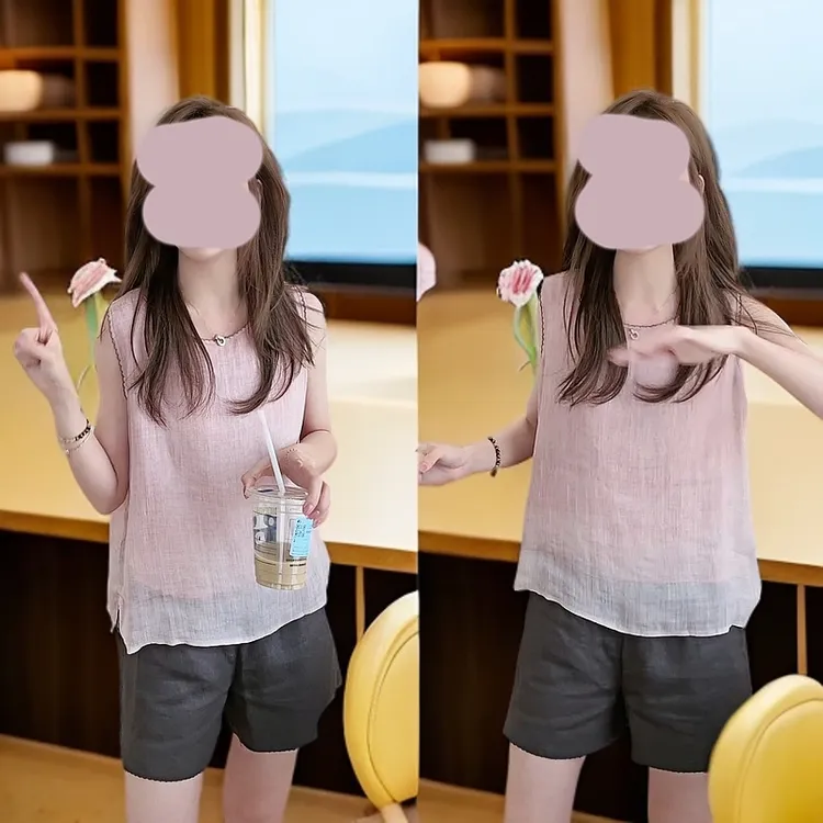 高级感简约气质套装女粉色无袖衬衫阔腿短裤两件套夏季新款