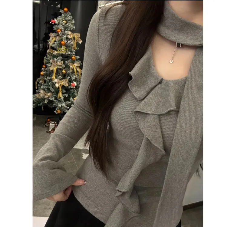 2025秋冬新款圣诞法式飘带荷叶边加绒打底衫女显瘦修身小衫上衣