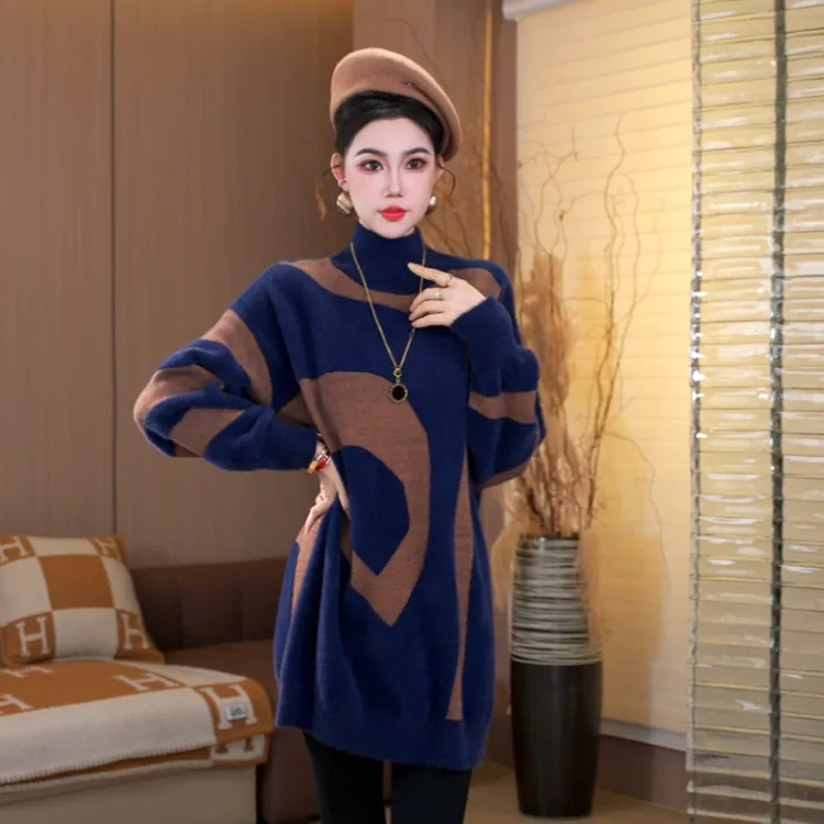 加厚保暖【焕蓝拼图】新款网红款时髦毛衣女毛衣上衣-3152#