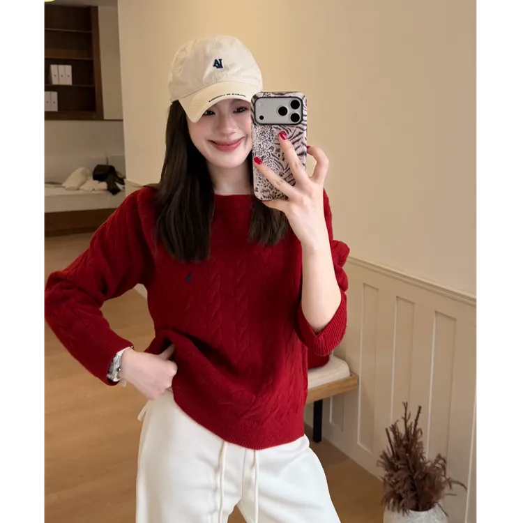 YPP! 【欧尼bi备】韩版简约刺绣宽松百搭套头圆花针织毛衣