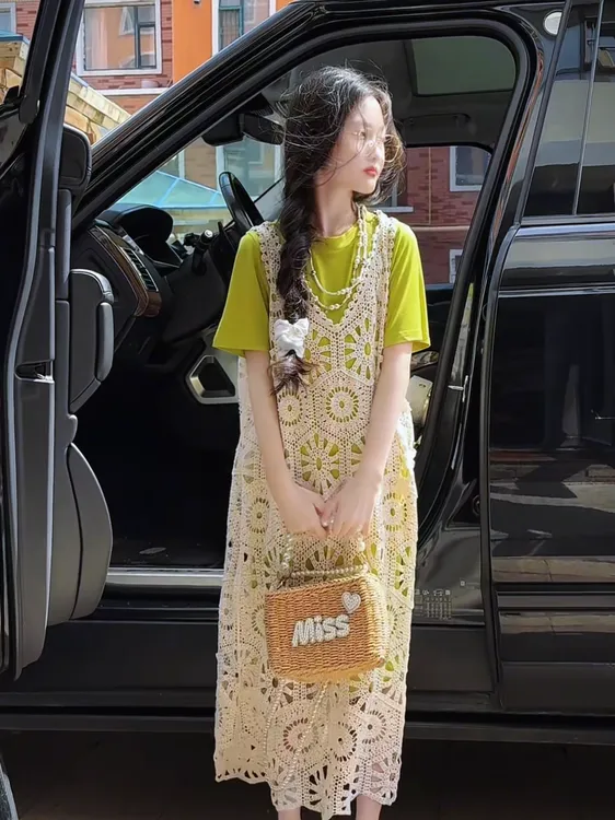 女童夏季裙子儿童2025新款洋气镂空背心长裙中大童短袖连衣裙套装