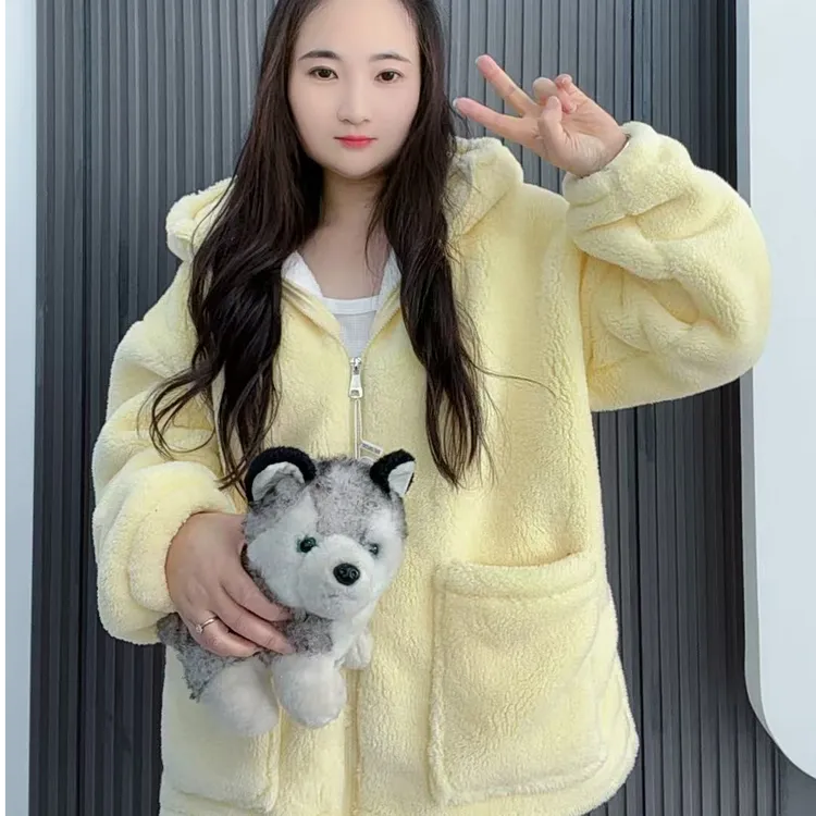 巨保暖】2025冬季复合加绒加厚北极绒连帽韩版宽松外穿套装睡衣