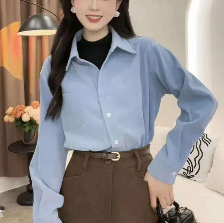 【送运费险】秋冬半高领拼接假两件长袖衬衫女宽松叠穿通勤衬衣772