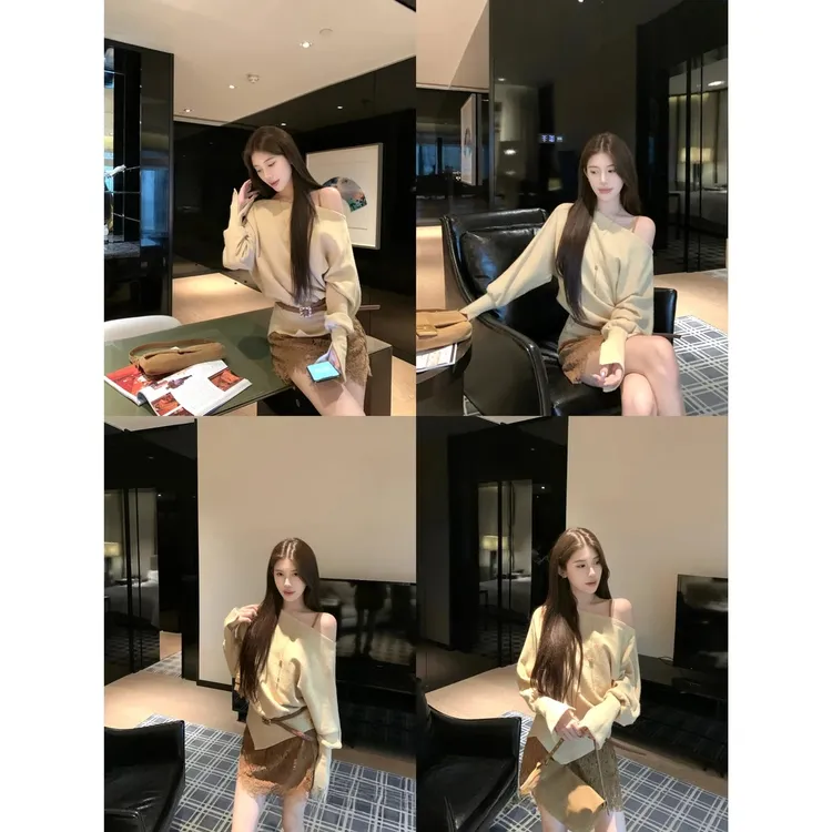 【现货】早秋温柔针织斜肩宽松显瘦长袖秋季上衣女+蕾丝连衣裙套装