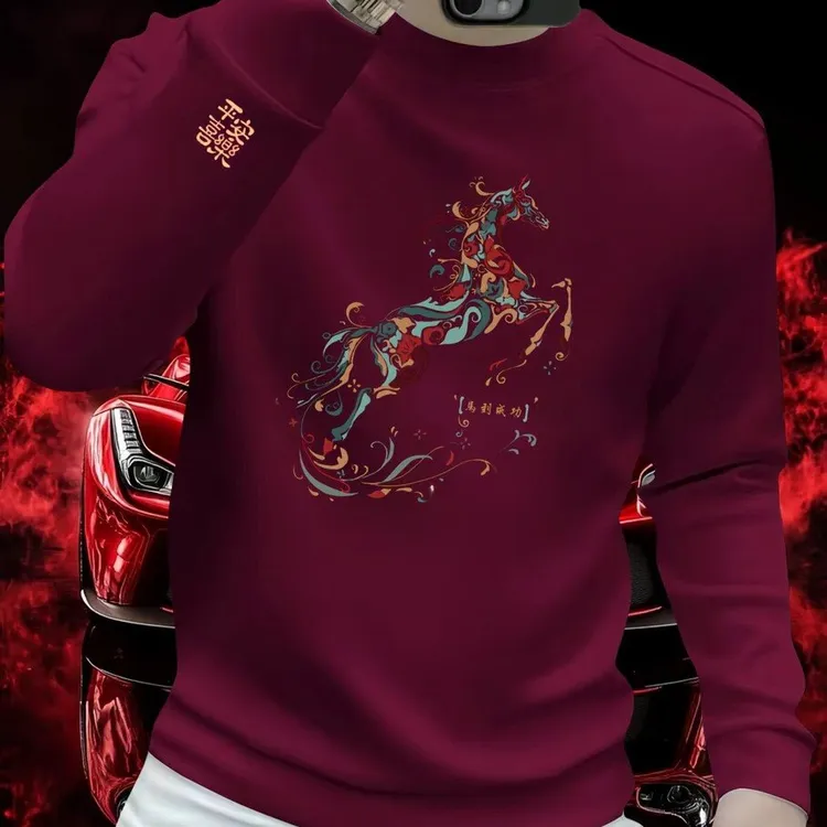 2026新款个性潮流重磅圆领街头休闲秋季花马印花时尚男士长袖卫衣