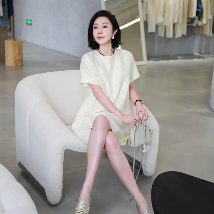 PENNYPENG向日葵花海出行老钱风两色圆领提花桑蚕丝短袖连衣裙