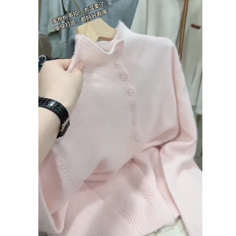 时尚洋气半高领单排扣针织衫开衫长袖纯色毛衣设计感显瘦短款上衣