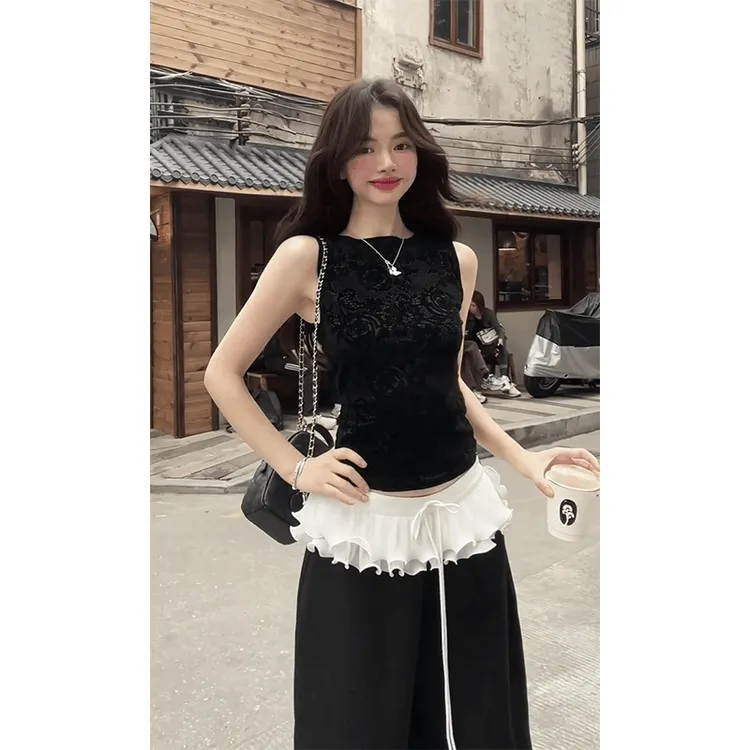 辣妹时尚镂空后背蝴蝶结甜美无袖上衣荷叶边宽松直筒阔腿裤套装