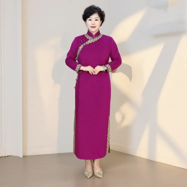 【紫色蕾丝边】秋冬季大码旗袍喜婆婆妈妈长袖网红复古中式修身日常