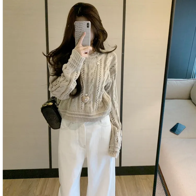2025年春秋女装新款韩版chic慵懒风镂空纯色套头长袖针织衫毛衣