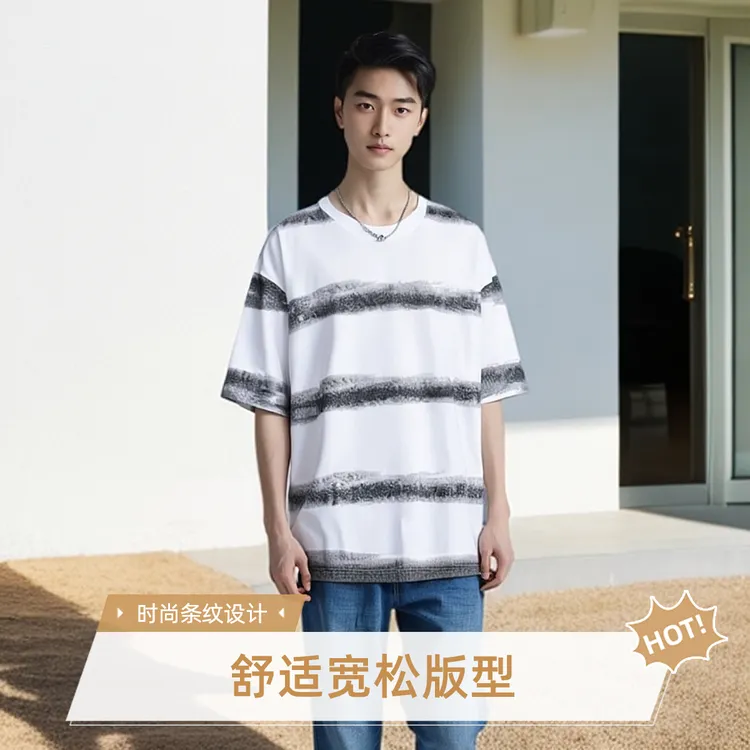 蜡染刺绣男士T恤宽松潮流短袖条纹印花复古圆领百搭情侣夏季撞色