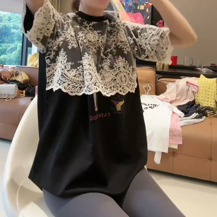 【月落轻纱】短袖时尚减龄气质百搭蕾丝拼接半袖T恤LK2502649