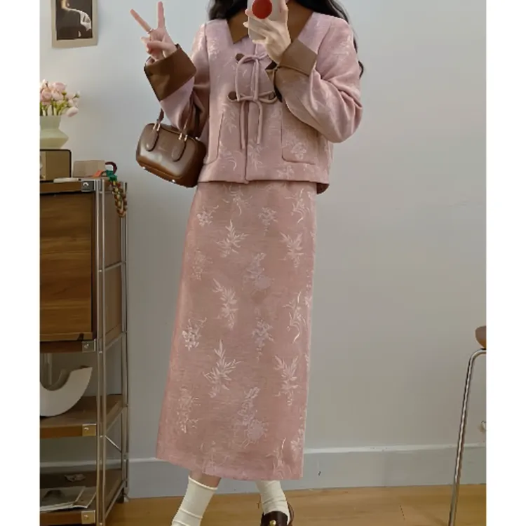 大码胖MM遮肉肉新中式皮拼接两件套小香风粉色外套A字半身裙子女