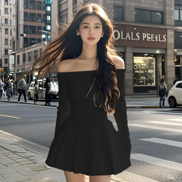 2025秋季新款长袖蓬蓬裙一字肩显瘦连衣裙收腰显瘦小黑裙辣妹穿搭