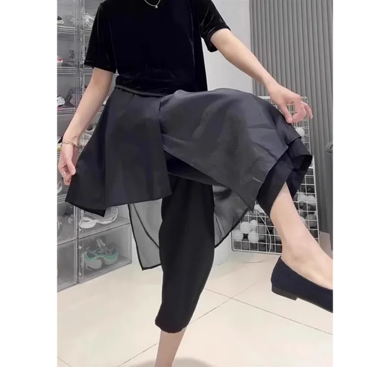 不规则拼接大码黑色休闲裤裙女夏季胖妹妹mm遮胯直筒裤九分黑裤子