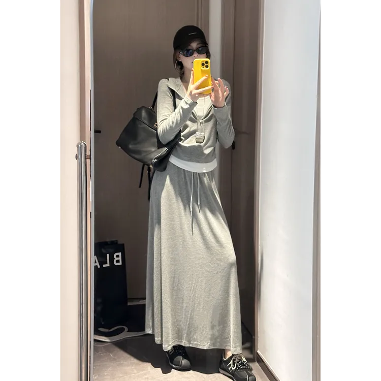 YPP！【轻松故事】韩女简约连帽假两件撞色上衣+半身裙套装 分开拍