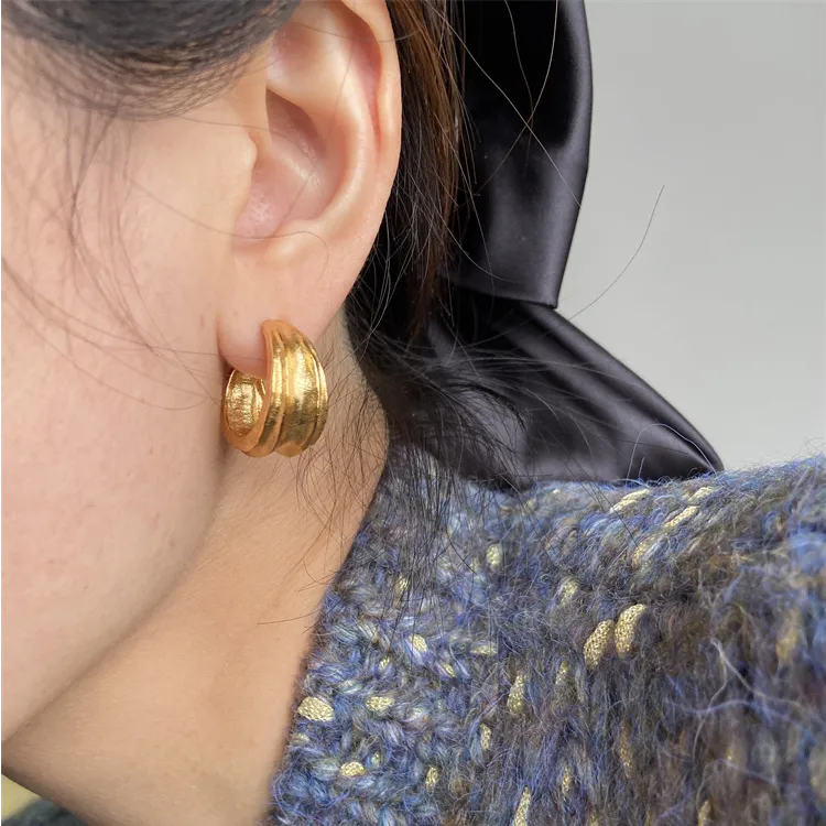 铜合金耳饰 金色褶皱半圆C型耳钉简约百搭时尚小众高级感气质耳饰