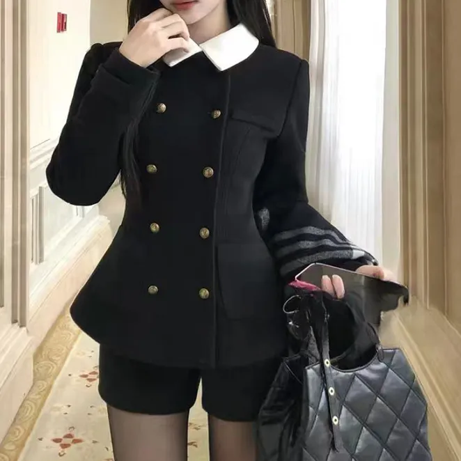 绘里子 冬季千金英伦风双排扣设计翻领拼接毛呢内里夹棉外套女