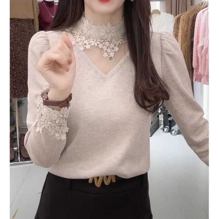2025新款法式减龄立体花边长袖加绒加厚保暖重工小衫洋气百搭上衣
