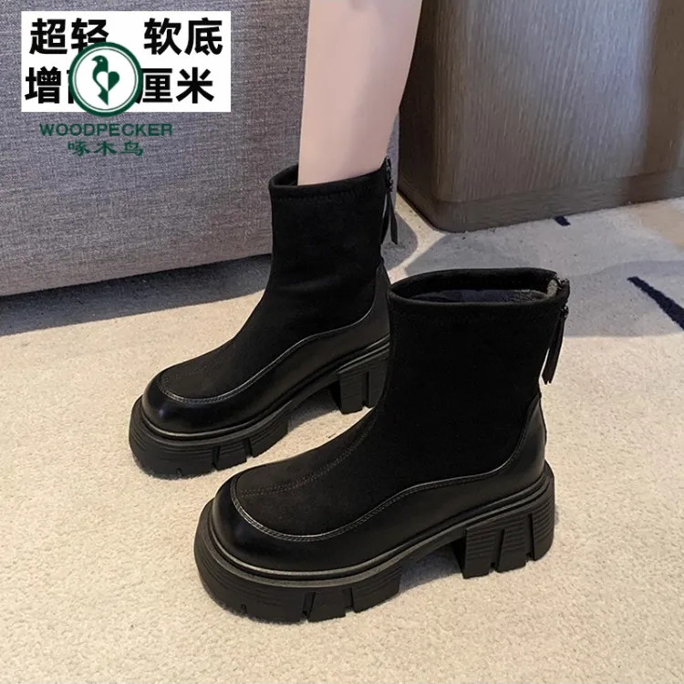 啄木鸟厚底小个子马丁靴2025新款秋英伦风增高百搭短筒瘦瘦弹力靴