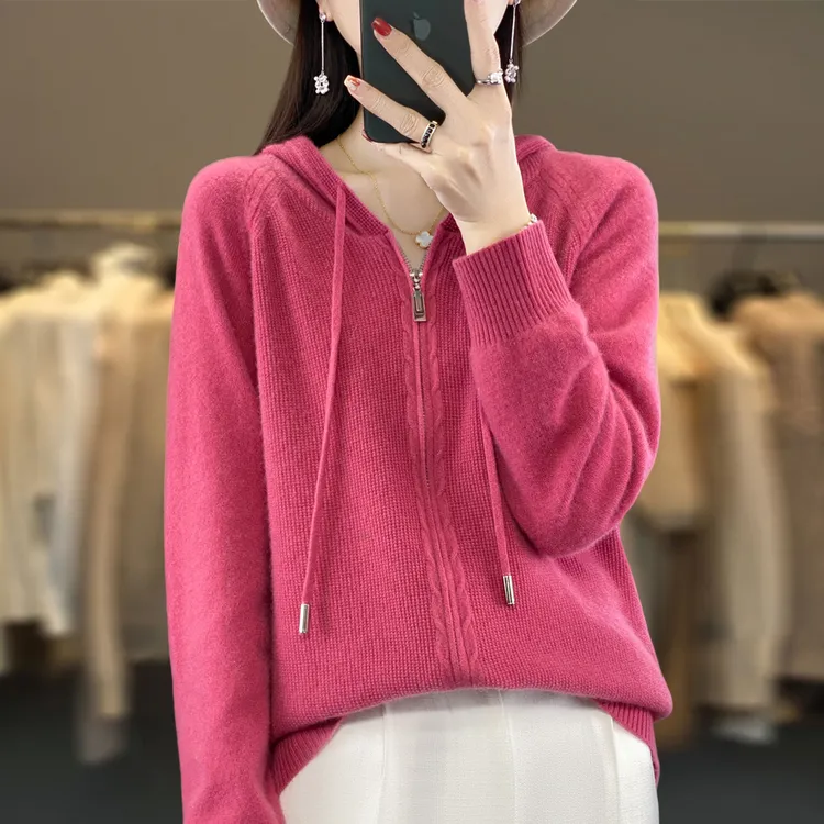 100纯羊毛衫胖mm春秋大码连帽卫衣2025早秋新款针织开衫毛衣外套
