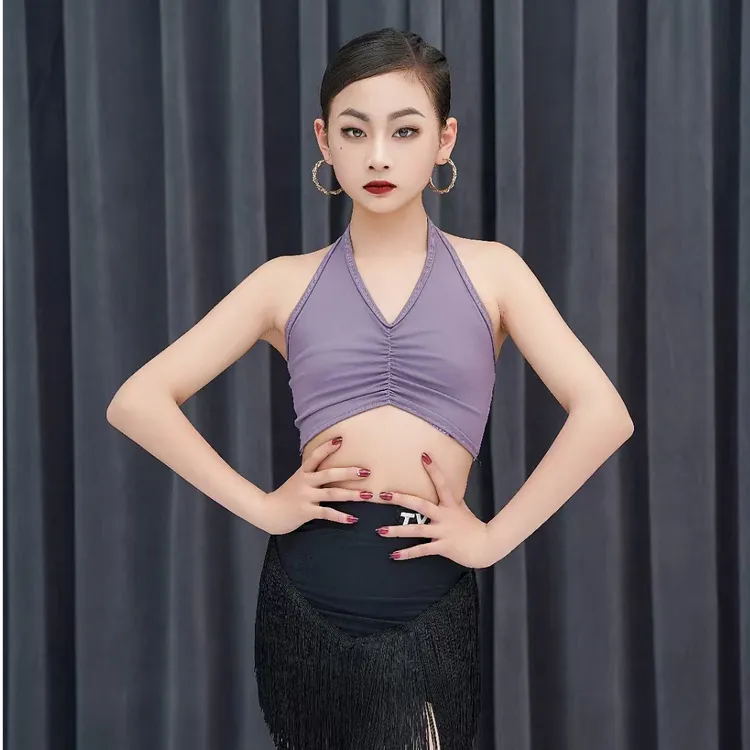 【天悦舞服】天悦拉丁舞练功服 挂脖美背上衣 黑白灰流苏裙
