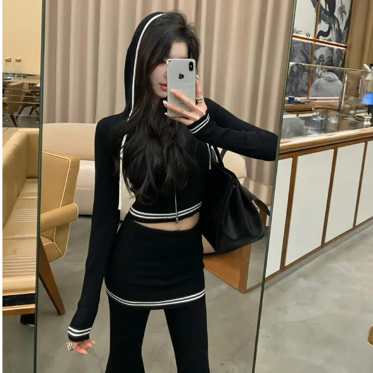 2025秋冬新款时尚套装气质显瘦长袖连帽洋气开衫休闲百搭长裤阔腿