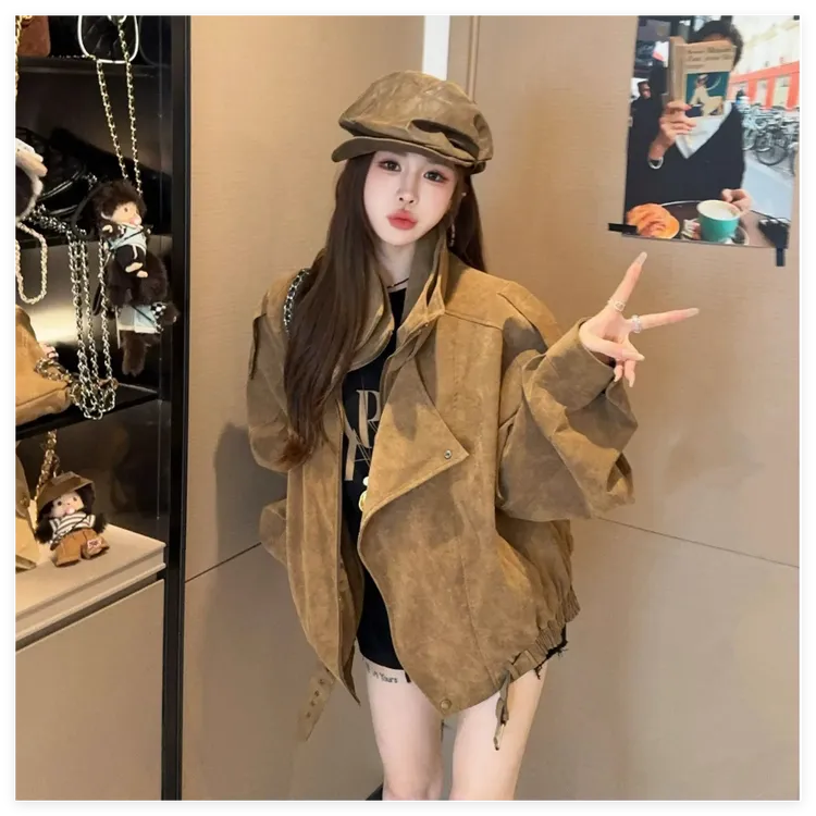 美拉德仿麂皮绒机车服外套女秋季休闲宽松翻领廓形工装夹克上衣