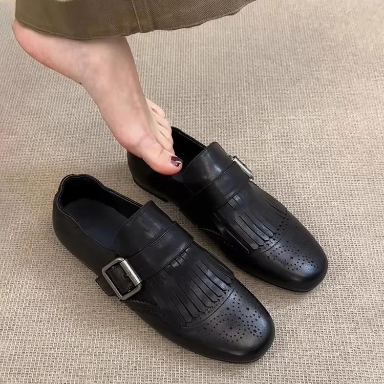 羊皮版~复古布洛克方头乐福单鞋女百搭黑色皮带扣流苏小皮鞋