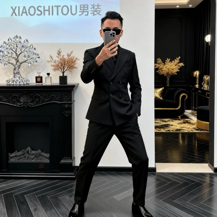 黑色休闲西装外套男春秋款高级感痞帅英伦雅痞男装夹克双排扣西服