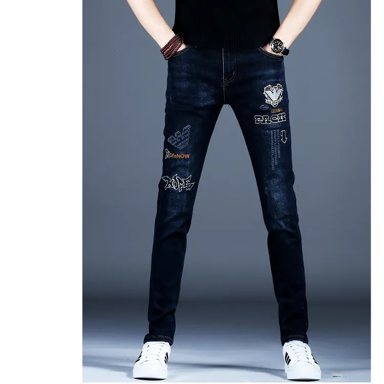 莫安摩萨利款男士新款印花牛仔裤男款潮牌刺绣印花美式小脚修身