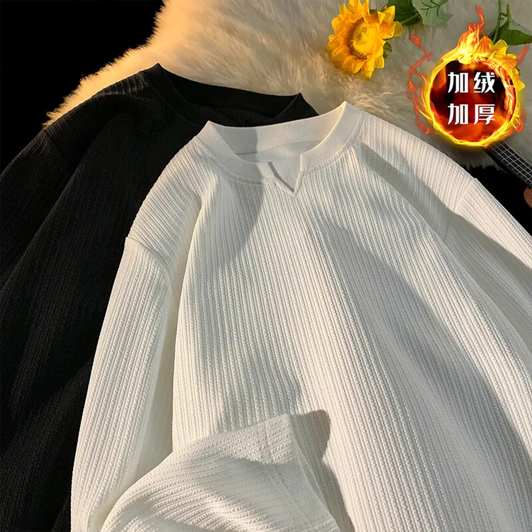 痞帅v领t恤男2025秋冬加绒加厚cleanfit潮流宽松休闲T恤HT324038