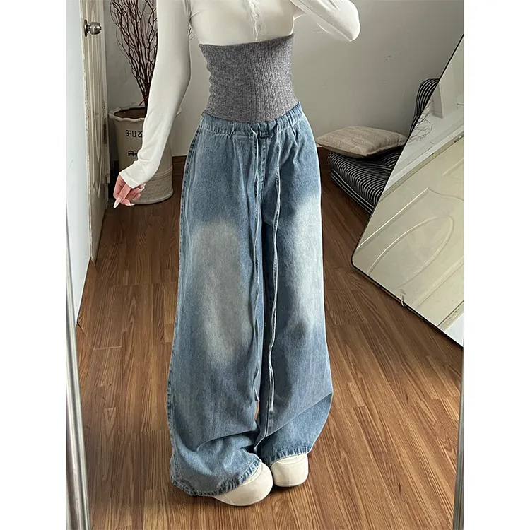 浅蓝色拼接牛仔裤女2025秋冬季新款高腰宽松显瘦阔腿裤假两件裤子