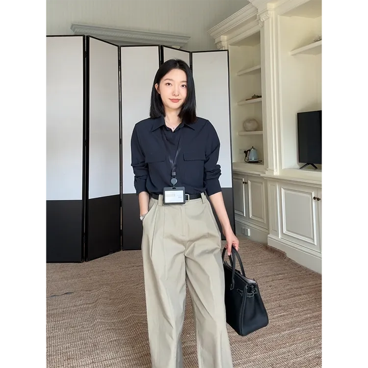 郭九九呢 100%棉气质简约宽松显瘦衬衫休闲直筒阔腿裤 G925Z12757