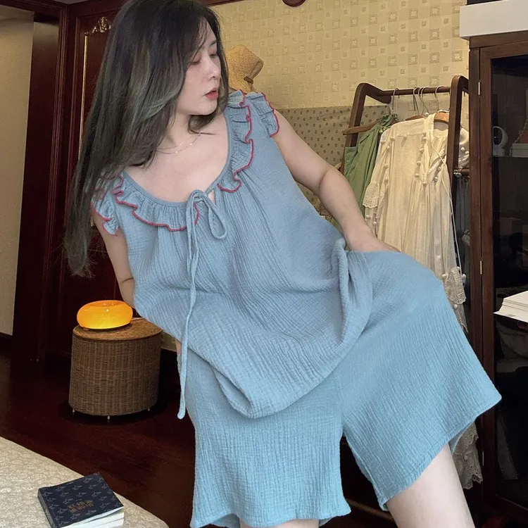 甜美花边棉纱睡衣女夏季2025年新款宽松无袖短裤可外穿家居服套装