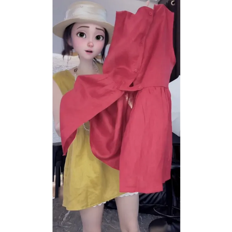 女早秋新款俏皮时尚减龄超别致圆领后背扣设计无袖洋气娃娃半身衫