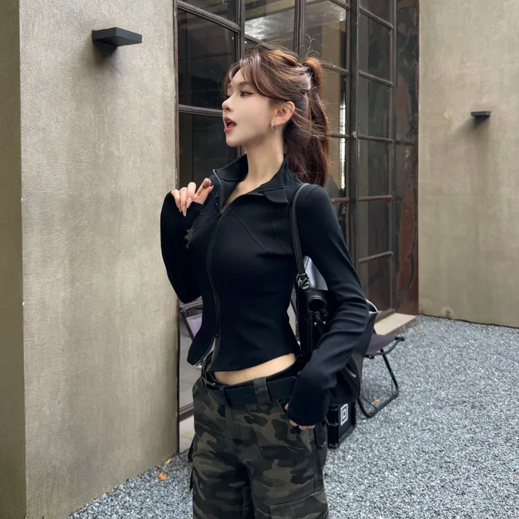 【小蛮腰】立领长袖针织衫女秋季新款修身显瘦短款外套