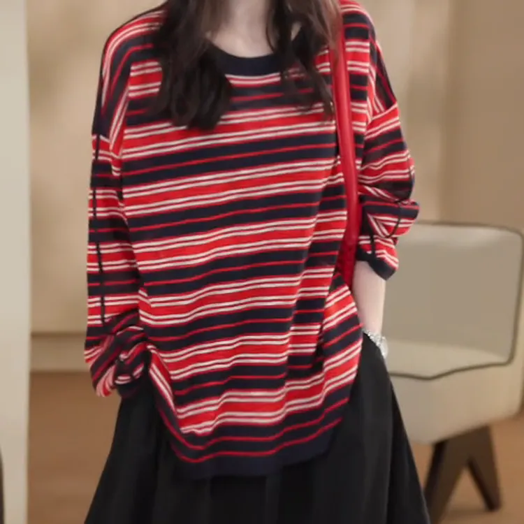 撞色条纹圆领长袖针织衫