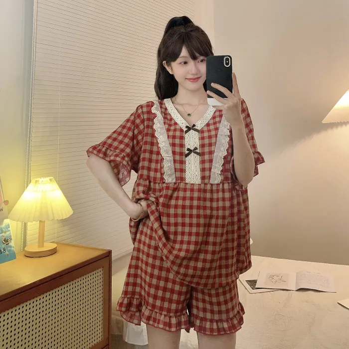 大码260斤睡衣套装女夏新款甜美胖mm加肥V领薄款透气家居服外穿