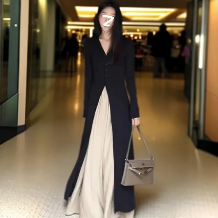 时尚套装复古秋冬针织法式黑色收腰气质时尚开衫阔腿裤-98068