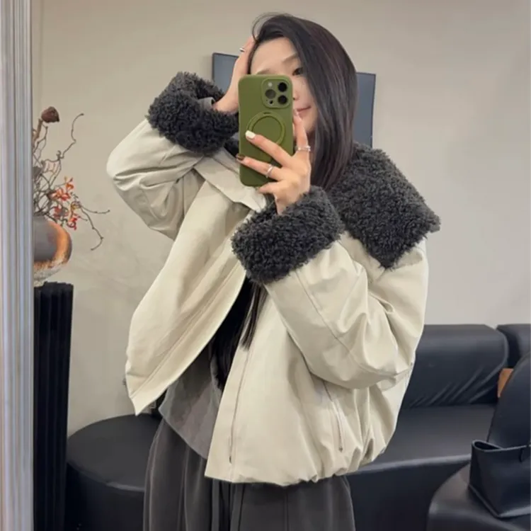 2025秋冬季新款翻领羊羔毛小个子外套女短款加绒加厚保暖棉服上衣