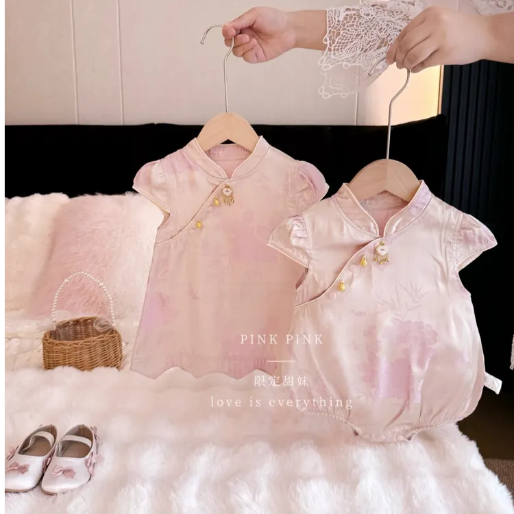 婴儿夏季衣服姐妹装新中式旗袍哈衣旗袍裙金丝缎国风百天周岁礼服