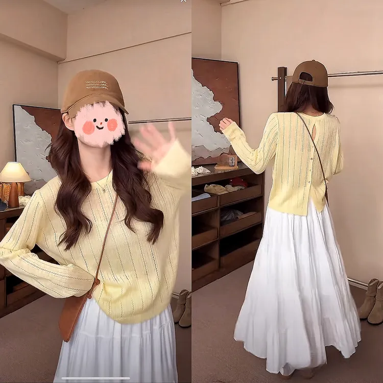 【现货】设计感镂空针织衫女早春2025新款百搭小众时尚圆领小衫上衣