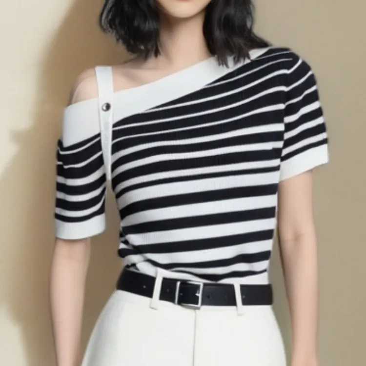 夏季新款一字领女高腰气质休闲针织短袖上衣LK2504742