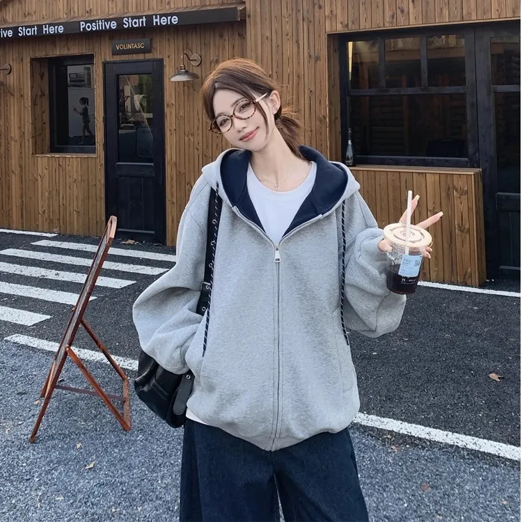 韩系连帽长袖撞色卫衣男女2025秋冬季宽松灰色设计感拉链外套上衣
